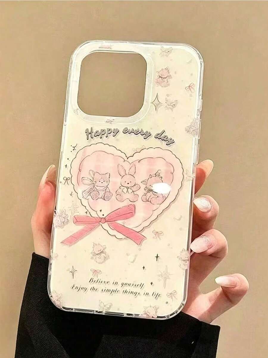 1pc New Korean Ins Style White Shell Pink Rabbit Heart Bow Letter Star Design Phone Case, Minimalist Premium Compatible With Apple 17pm, Fashionable Compatible With Apple 16, Niche Unique Compatible With Apple 15p, Business Compatible With Apple 14plus, Personalized Compatible With Apple 13, Cartoon Compatible With Apple 12pm, Anti-Drop Protective Cover Compatible With Apple 11 - Pink - View 1