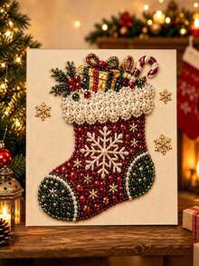 1 Set DIY Christmas Pearl Diamond Painting Art Kit, Includes Frame, Beads, Gem Stickers, Handmade 3D Holiday Decor, Adult Gift, 5 Classic Design Beaded Decoration Set - Multicolor - View 6