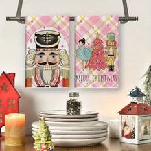 1/2 Set Of Kitchen Towels With Nutcracker And Diamond Square Pattern Design, Durable Indoor And Outdoor Holiday Towels Suitable For Kitchen, Restaurant, And Christmas Party Decoration, Holiday Themes, And Home Decor. - Multicolor - View 3