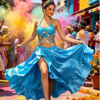 Top corto de lentejuelas para mujer, top de sujetador de danza del vientre con monedas y flecos + falda larga de satén para danza del vientre con abertura lateral, falda de baile brillante, ropa para festival y actuación