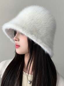 New Women's Autumn/Winter Versatile Mink Fur Bucket Hat, Solid Color Minimalist Fashion Outdoor Warm Ear Protection Cold-Proof Bell-Shaped Bucket Hat - Multicolor - View 13