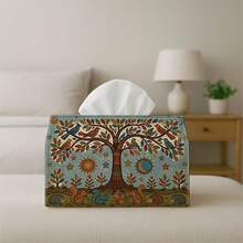 1pc Vintage Country Style Tissue Box, Tree Sun Rabbit Pattern - Durable Polyester Fabric Napkin Dispenser, Suitable For Home, Kitchen, Dining Table Decor, Party Napkin Holder, Tissue Box, Suitable For Home, Restaurant, Dining Table Centerpiece - Multicolor - View 4