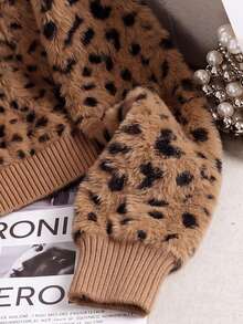 Camel Leopard Fuzzy Half Zip Lapel Collar Long Sleeve Knit Pullover Women Chic Y2K Homecoming Christmas Halloween Back To School Fall Winter - Brown - View 3