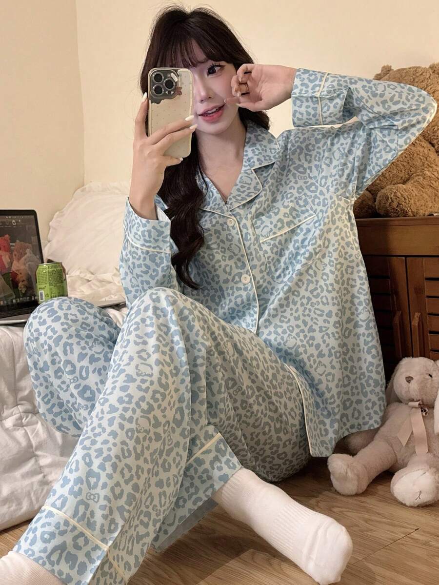 2pcs/Set Women's Sky Blue Leopard Print Open Front Pajamas, Lapel Collar Button Long Sleeve Top And Long Pants Loungewear, Suitable For Autumn/Winter/Spring/Summer - Sky Blue - View 1