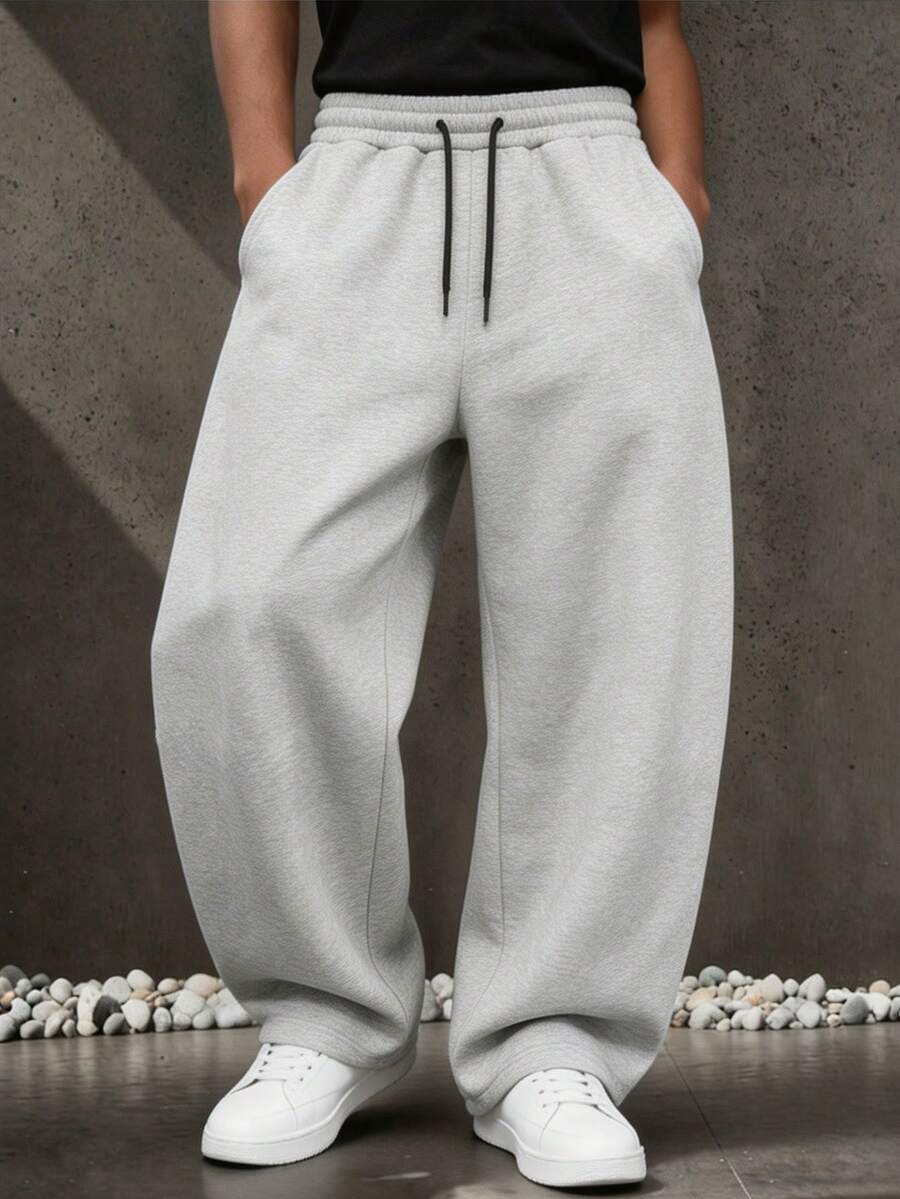 Celana Jogging Pria Ukuran Besar dengan Pinggang Elastis dan Tali Serut, Potongan Lebar, Warna Polos, Celana Panjang Kasual Olahraga dengan Potongan Lurus Longgar dan Jatuh Tinggi, Cocok untuk Pemakaian Sehari-hari, Olahraga, dan Hadiah. - Light Grey - View 1