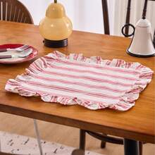 1/2/4/6/8pcs Red Triple Stripe Ruffle Edge Square Placemats, Multiple Quantity Options, Versatile For Home Kitchen Table Decor, Water Cup Bowl Plate Anti-Slip Mat, Suitable For Holiday Party Birthday Wedding Dinner Office Desk Coffee Table Home Decor Room Decor Dorm Decor All Season - Red - View 4