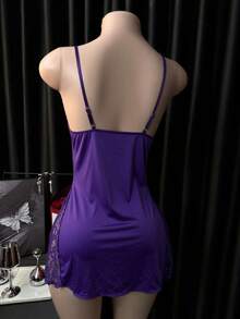 Women's Solid Color Contrast Lace Side Slit Hem Sexy Cami Dress - Purple - View 4