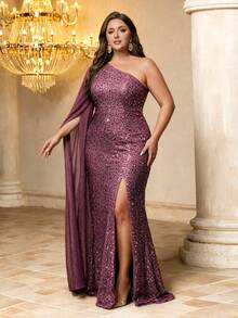UNITHORSE Plus Size Women's Sequin Slit Shoulder Dress - Dusty Pink - View 3