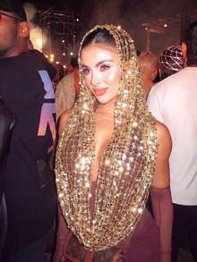 1pc Golden Sparkly Sequin Floral Crochet Hollow Mesh Hijab, Sheer Lace Head Scarf, Muslim Women Glitter Wrap Shawl For Wedding Evening Party - Gold - View 1