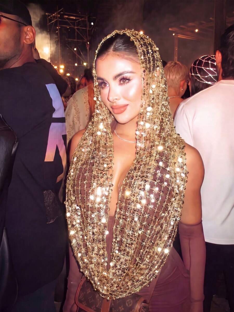 1pc Golden Sparkly Sequin Floral Crochet Hollow Mesh Hijab, Sheer Lace Head Scarf, Muslim Women Glitter Wrap Shawl For Wedding Evening Party - Gold - View 1