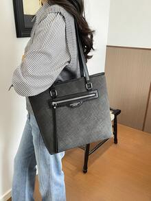 Dedoo 女款通勤托特包 素色霧面拼色拉鍊單肩包 大容量 適合辦公室、日常、校園 - 黑色 - 查看 8