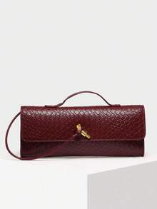 Tas Clutch Wanita Vintage Minimalis dengan Tekstur Tenun Imitasi Warna Merah Angola, Model Retro dengan Penutup dan Kunci, Kapasitas Besar. - Merah - View 5
