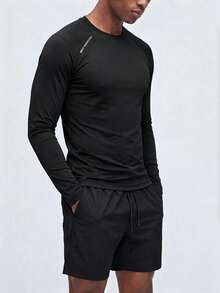 mulinsen Men's Letter Print Raglan Sleeve Quick-Dry Long Sleeve T-Shirt, Slim Fit Fitness Running Sports Base Layer Top - Black - View 2