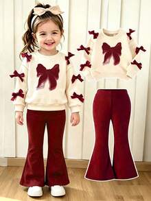 Baby Girls Bow Print 3D Bow Decor Crew Neck Sweatshirt And Flare Pants - Apricot - View 1