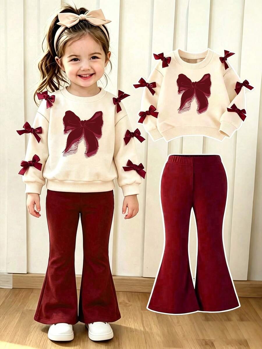 Baby Girls Bow Print 3D Bow Decor Crew Neck Sweatshirt And Flare Pants - Apricot - View 1