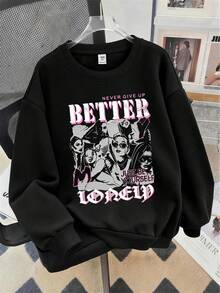 Teen Girls American Style Versatile Printed Crew Neck Sweatshirt & Slim Fit Leggings 2pcs Set, Autumn Winter Outfit, Campus Style, Homecoming Wear - Black - View 4