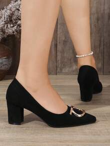 Women's Pointed Toe Black Chunky Heel Pumps, New Style Low Vamp High Heel Versatile Work Shoes - Black - View 5