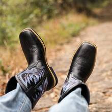 Striped Western Style Faux Leather Texture Cowboy Boots, Outdoor Wear For Men All Seasons - Black - View 4