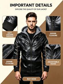 Chaqueta con capucha con cremallera y manga larga de cuero sintético para hombre, para otoño e invierno - Negro - Ver 6