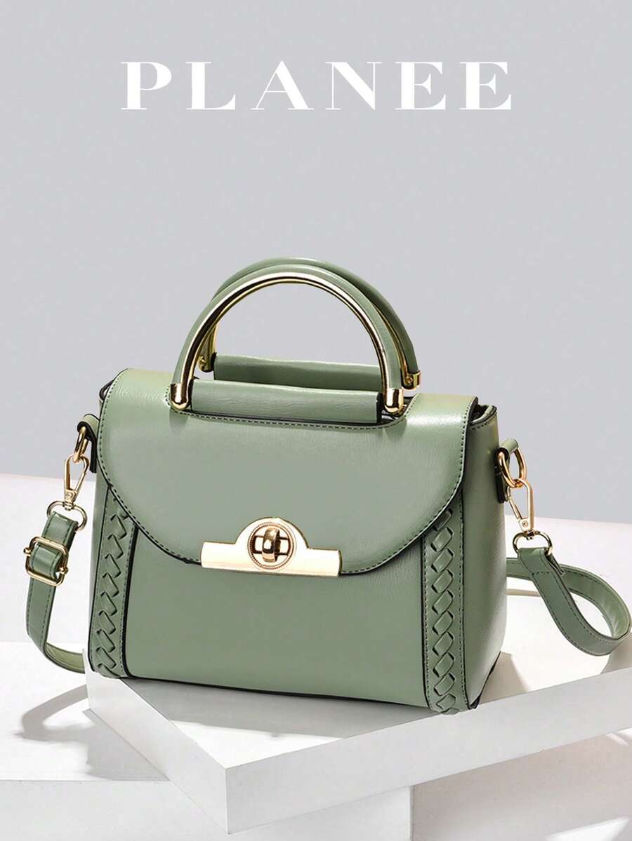Bolso cuadrado de unicolor para mujer, bolso cruzado mini de moda con asa superior, billetera de hombro con estilo con decoración de hebilla - Verde - Ver 1