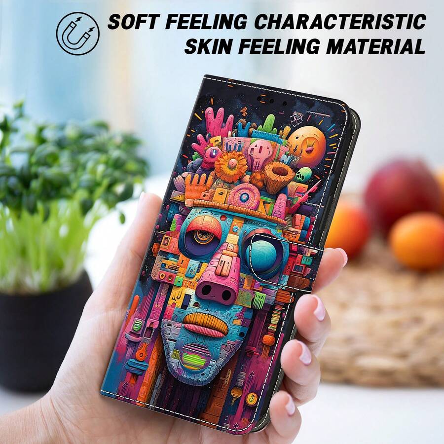 GLANDOTU Colorful Mask Graffiti Pop Art Print PU Leather Wallet Phone Case, Flip Cover Card Slot Kickstand Protective Shell, Compatible With Multiple Brands And Models - Multicolor - View 1