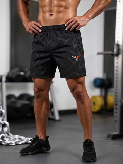 Men's Horn Print Running Fitness Sports Casual Shorts