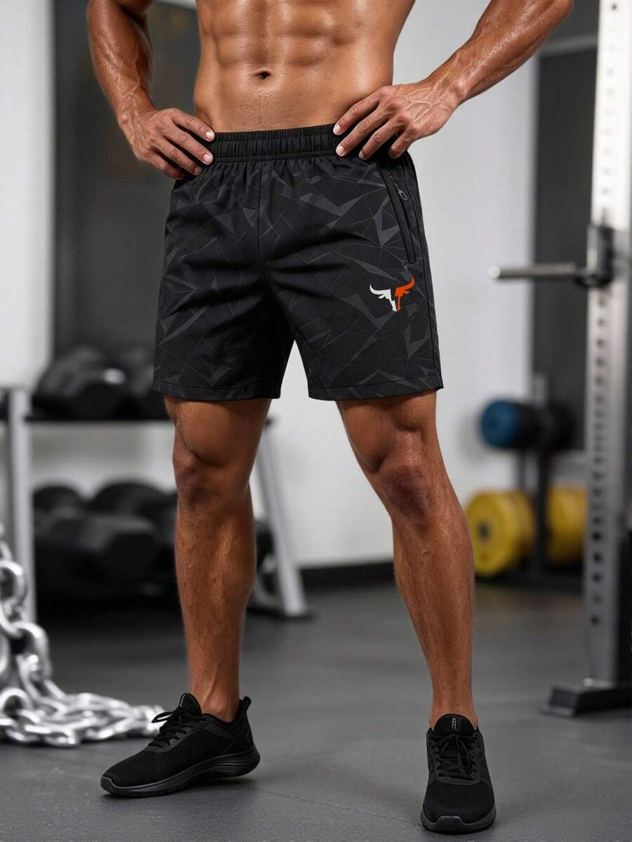 Men's Horn Print Running Fitness Sports Casual Shorts - Black - View 1