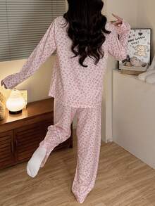Women's 2-Piece Pink Leopard Print Pajama Set, Cardigan Button Long Sleeve & Long Pants, Wearable Loungewear, Autumn/Winter - Pink - View 3