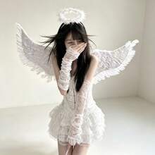 1 Peça Fantasia de Anjo Demônio com Asas - Traje de Penas Falsas Macias Brancas com Tiara em Formato de Coração, Estrutura de Papelão Durável Leve e Ajustável - Adequado para Halloween, Natal, Festa de Casamento, Cosplay, Acessórios de Fantasia - Multicolorido - Visão 6