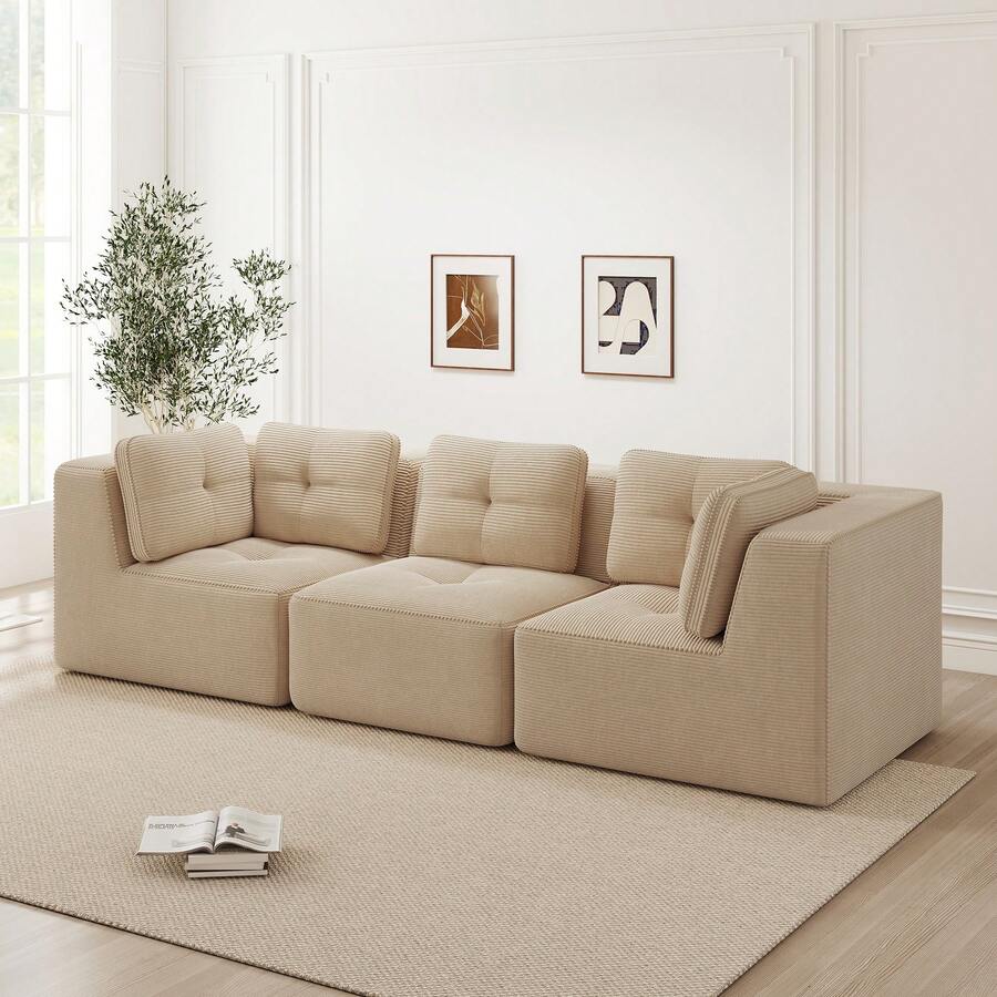 3 Seat Beige Modular Sofa - Corduroy Comfort Sofa - 米色 3 人座 - 查看 1