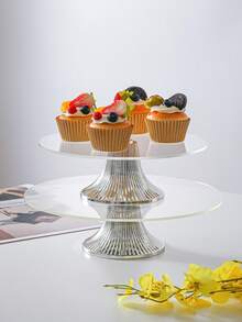 Gold & Silver Metal Base Acrylic Cake Stand, Transparent Dessert Display Tray, 1pc/3pcs Set, Large/Medium/Small, Suitable For Wedding, Birthday, Eid Party, Home Decor - Silver - View 7