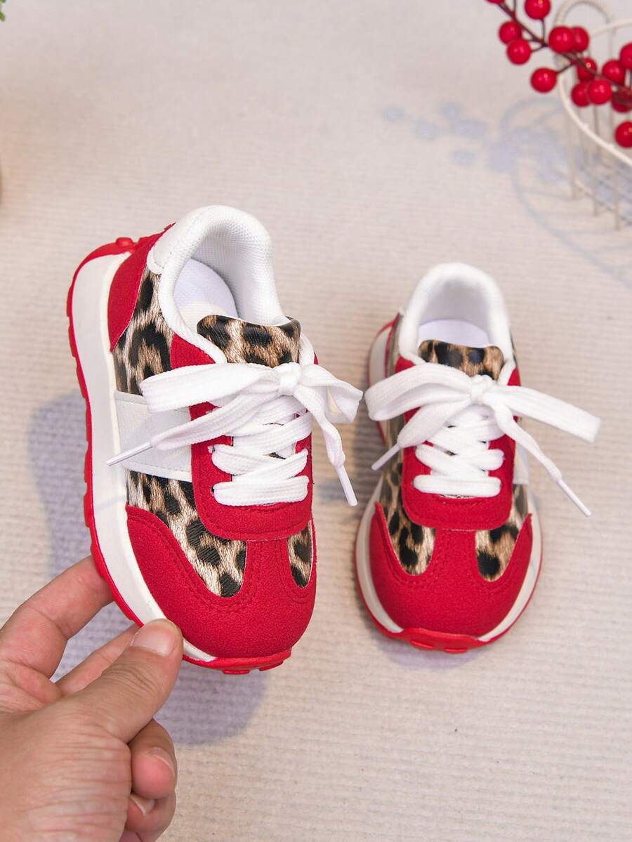 Kids Red-Brown Leopard Print Colorblock Lace-Up Sneakers With Shock-Absorbing Rubber Sole, Casual Daily Wear Shoes - Red - View 1