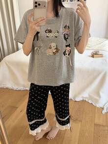 2pcs/Set Women's Pajamas Loungewear Set, Cute Animal Pattern Crew Neck Short Sleeve Polka Dot Print Cropped Pants Comfortable Home Style - Grey - View 8