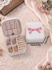 Bow Print Jewelry Organizer Display Travel Jewelry Zipper Case Boxes Earrings Necklace Ring Portable Jewelry Box Leather Storage - White - View 15
