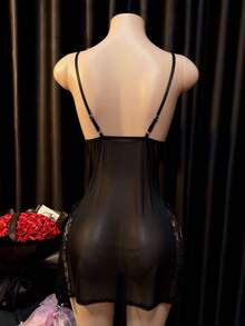 Women's Solid Color Contrast Lace Side Slit Hem Sexy Slip Dress - Black - View 4
