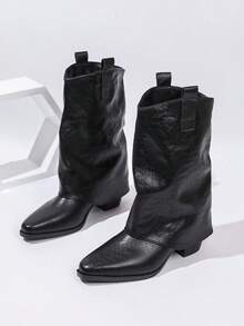 Sepatu Bot Ankle Bertumpuk Bergaya Eropa dengan Ujung Lancip dan Detail Kerut untuk Wanita, Musim Gugur/Dingin, Model Baru Vintage, Hak Tebal Serbaguna, Sepatu Bot Berkuda - Hitam - View 2