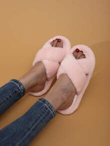 Women's Open Toe Slippers, Solid Color, Elegant Fashionable Fabric Cross Strap, European And American Style, Quiet Home Slippers, All Season - Pink - View 2