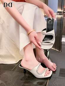 Elegant Rhinestone Cutout Mid‑Heel Mule Slides For Women, Square‑Toe Satin‑Like Open‑Toe Heeled Sandals, Bridal & Date‑Night Shoes - Beige - View 2