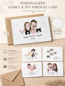 Custom Portrait Greeting Card, Personalized Photo Drawing Card With Custom Text, Hand‑Drawn Family & Pet Portrait, Sweet Gift For Valentine's Day, Anniversary, Suitable For Sending Warm Wishes To Your Loved Ones - Multicolor - View 2