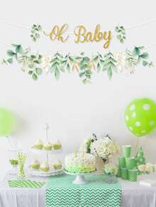 1件裝「Oh Baby」綠葉設計紙製橫幅，適合嬰兒派對懸掛裝飾、春季懸掛旗幟、生日慶祝、性別揭曉派對用品、春季主題派對用品及節日派對用品，1歲生日派對裝飾的理想選擇 - 綠色 - 查看 5