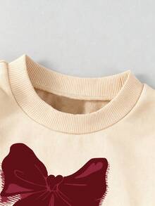 Baby Girls Bow Print 3D Bow Decor Crew Neck Sweatshirt And Flare Pants - Apricot - View 4
