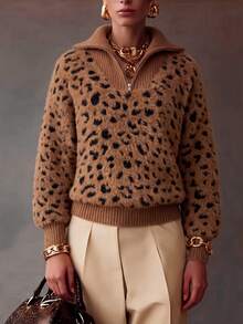 Camel Leopard Fuzzy Half Zip Lapel Collar Long Sleeve Knit Pullover Women Chic Y2K Homecoming Christmas Halloween Back To School Fall Winter - Brown - View 4