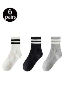 24 Pairs/20 Pairs/18 Pairs/15 Pairs/10 Pairs/6 Pairs/4 Pairs/2 Pairs/1 Pair Black And White Striped Thick Mid-Calf Socks, Comfortable And Breathable Business Casual Socks. Shark Series Soft, Lightweight, Odor-Resistant Unisex Sports Socks, Warm For Autumn And Winter - Multicolor - View 32
