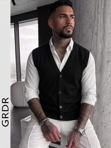 GRDR Men's V-Neck Cardigan Vest Button-Up Sweater Jacket, Fine Knit Fabric, Casual Outerwear Layering Piece, Knit Cardigan Top - Black - View 3