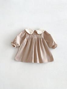 Miniweenns 1 st långärmad vintage prinsessklänning för babyflicka i preppy stil med volang och rosett, vår/höst, back to school - Kaki - Visa 4