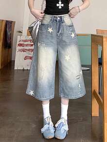American Retro Star Print 3/4 Length Denim Jeans, Summer New Slimming Lightweight High Street Wide Leg, Random Print Casual - Light Wash - View 1