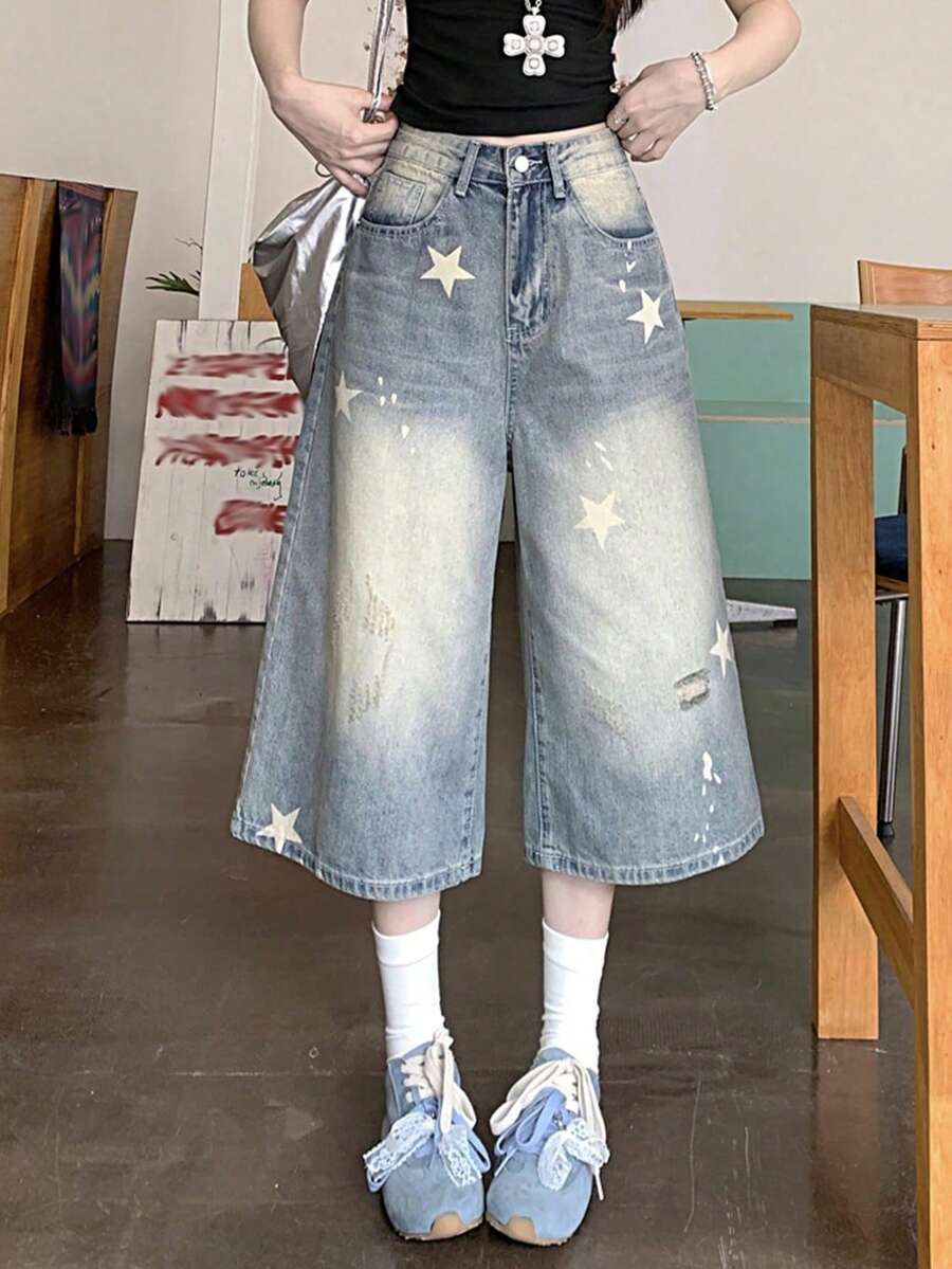 American Retro Star Print 3/4 Length Denim Jeans, Summer New Slimming Lightweight High Street Wide Leg, Random Print Casual - Light Wash - View 1