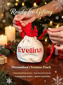 Custom Text Logo Personalized Christmas Reindeer Drawstring Gift Bag, Customized Text Velvet Christmas Gift Bag With Cute Antler Decoration, Reusable Soft Holiday Candy Gift Bag, Suitable For Children's Family Christmas Party Gift Packaging, Christmas Eve Stocking Decoration And Customized Souvenir Gift Storage Bag - Multicolor - View 6