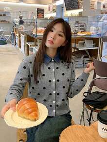 Polka Dot 2 In 1 Denim Patchwork Polo Collar Knit Sweater Cardigan - Grey - View 1