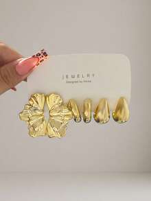 6/18pcs Gold Fashion Elegant Earring Set, Flower, Leaf, Water Drop, C-Shape, Suitable For Women's Daily Wear - Yellow Gold - View 2